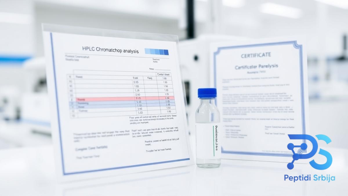 COA sertifikat i HPLC hromatogram pored vijale istraživačkog peptida — Semax